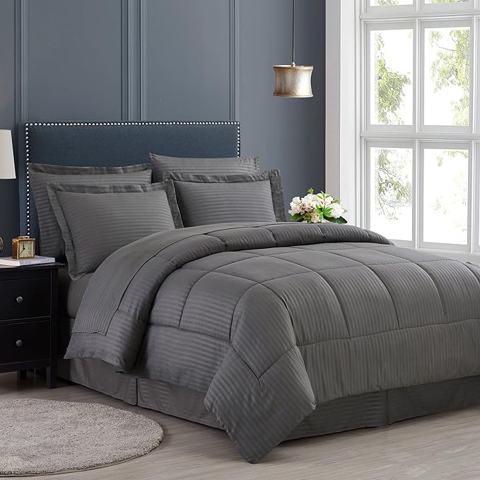 King Size Comforter Set 8 Piece Bed in a Bag with Bed Skirt, Fitted Sheet, Flat Sheet, 2 Pillowcases, 2 Pillow Shams, King, Dobby Gray