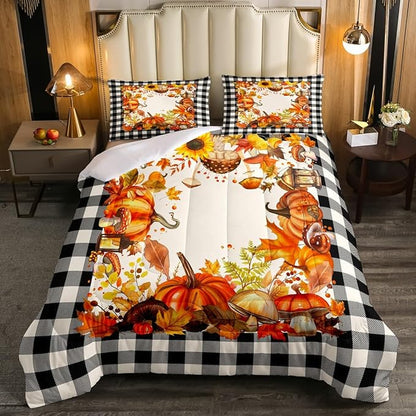Thanksgiving Comforter Set Fall Pumpkin Mushrooms Bedding Comforter Sets Queen Brown Buffalo Plaid Bed Comforter Set,Autumn Harvest Season Duvet Insert,Fall Decorations For Home Bedroom 2 Pillow Cases