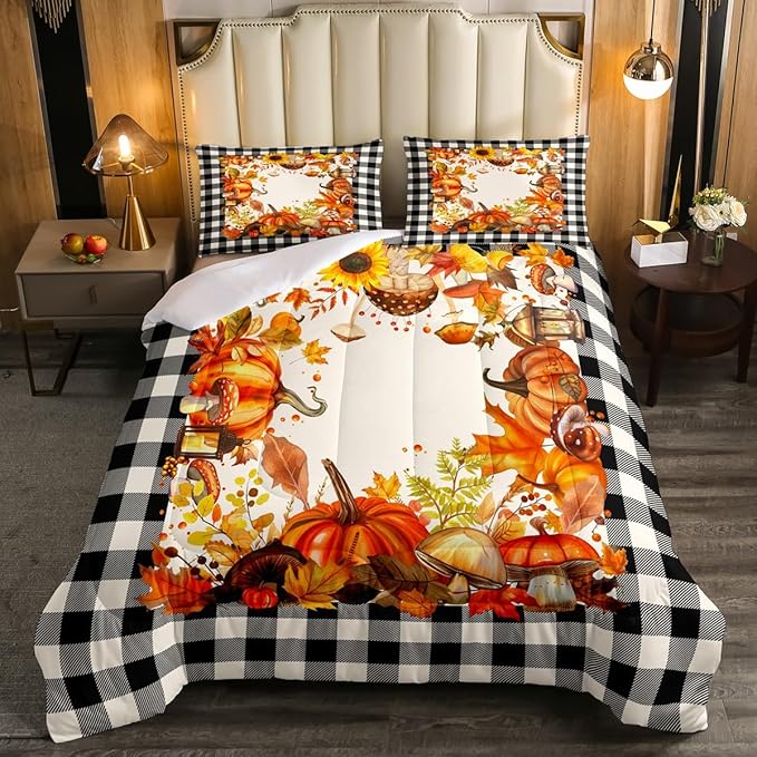 Thanksgiving Comforter Set Fall Pumpkin Mushrooms Bedding Comforter Sets Full Brown Buffalo Plaid Bed Comforter Set,Autumn Harvest Season Duvet Insert,Fall Decorations For Home Bedroom 2 Pillow Cases
