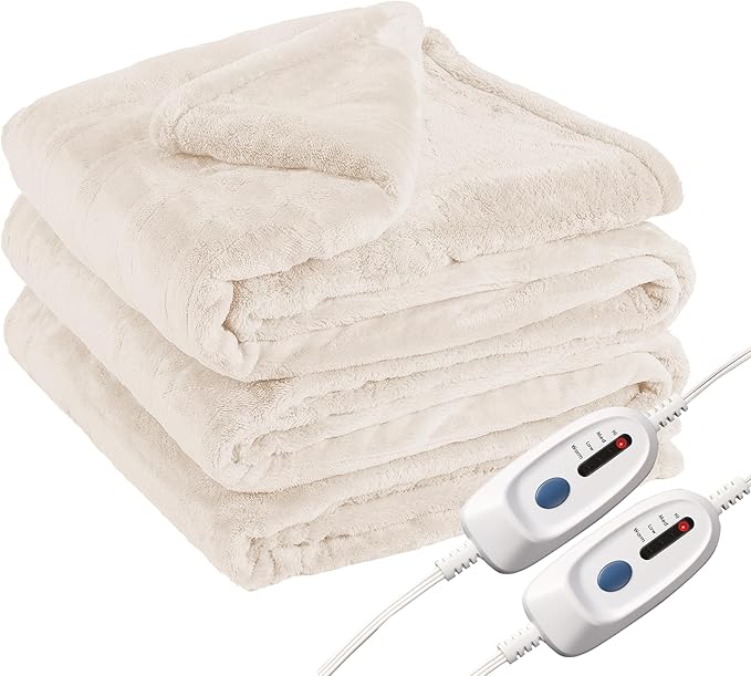 Electric Heated Blanket Queen Size 84"x90", Soft Plush Microplush for Bed, Dual Controllers & Dual Heating Zones, 10 Hours Auto Off & 4 Heating Levels, Machine Washable, Gifts for Family-White