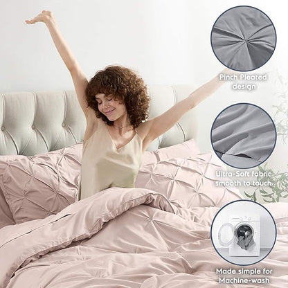 Nestl King Size Comforter Set with 7 Pieces - Pinch Pleated King Comforter, Bed in a Bag, All Season Bed Set, Flat and Fitted Sheets, Pillowcases and Shams in Blush Pink