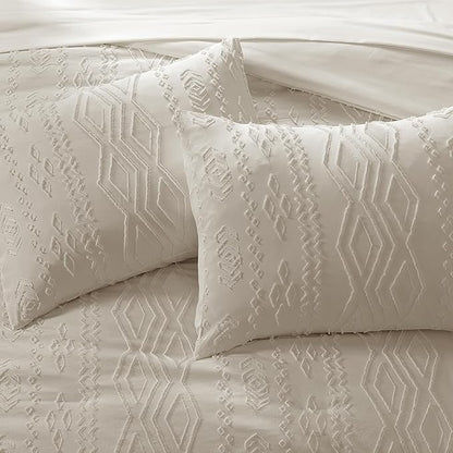 Full Size Comforter Set Beige, Tufted Boho Bedding Farmhouse Bed Set, All Season 7 Pieces Bed in a Bag with Sheets, Pillowcases & Shams