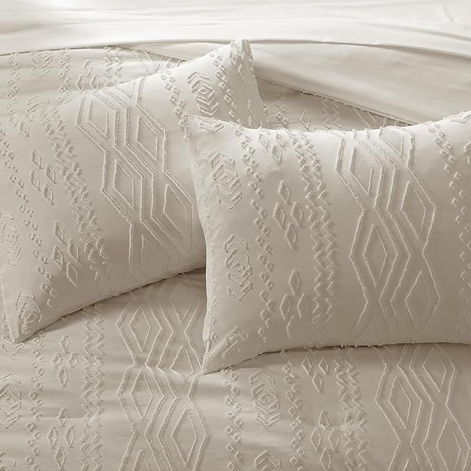 King Size Comforter Set Beige, Tufted Boho Bedding Farmhouse Bed Set, All Season 7 Pieces Bed in a Bag with Sheets, Pillowcases & Shams