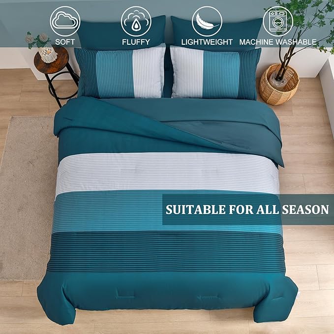 Anibedding Teal Comforter Set King Size 7 Piece Teal Blue Striped Bedding Set All Season Bed in a Bag King, Soft Microfiber Filling Comforter Duvet, Flat/Fitted Sheets and Pillowcases (103"×90")