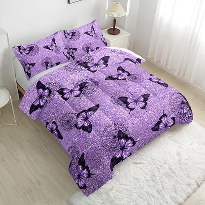 Violet Butterfly Comforter Set - King Size Kids Bedding with 1 Comforter and 2 Pillowcases - Butterfly & Dandelion Pattern All Season