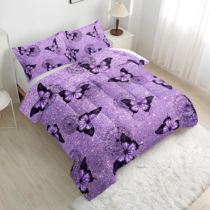 Violet Butterfly Comforter Set - Twin Size, Kids Bedding Set with Dandelion Pattern, All Season Comforter and 2 Pillowcases