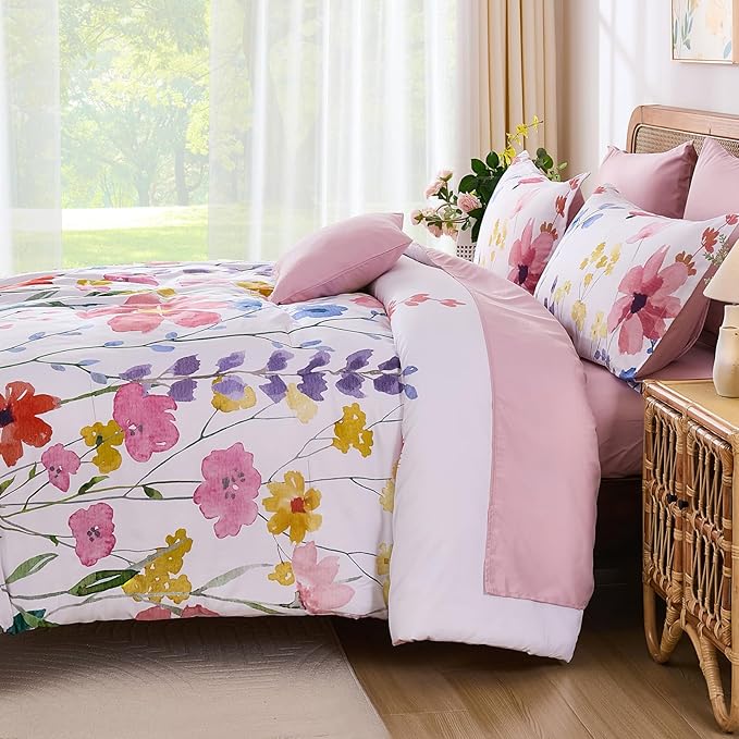 Annibedding Pink Floral King Size Comforter Set, 8 Piece Soft Microfiber Flower Bed in a Bag Bedding Set with Pillowcase and Sheets for All Season (Pink,90"x104")