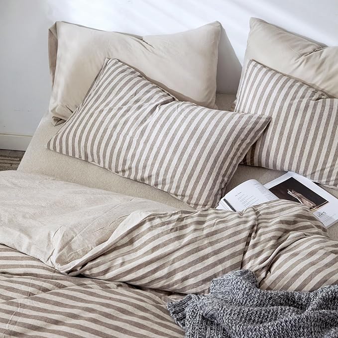 Full Size Bedding Comforter Set for Women,Men Breathable Cotton Comforter for Bed 3 Pieces Comforter Set with Coffee Striped Pattern, 2 Pillow Cases, 80''x90''