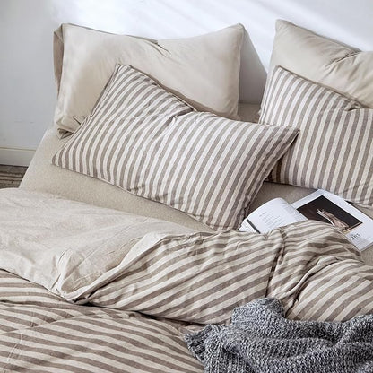 Full Size Bedding Comforter Set for Women,Men Breathable Cotton Comforter for Bed 3 Pieces Comforter Set with Coffee Striped Pattern, 2 Pillow Cases, 80''x90''