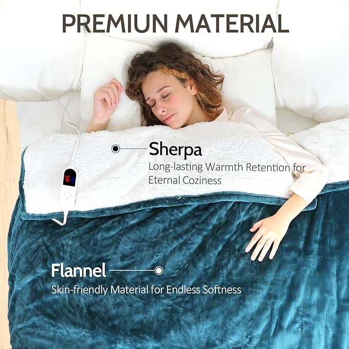 HOW'S MY HOUSE Heated Blanket Throw 50" x 60", Electric Blanket with 12 Time Settings & 6 Heating Levels, Over-Heat Protection, Flannel Sherpa Super Cozy with ETL Certification, Blue