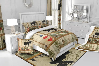 Retro Cabin Lodge Decor Comforter Set King, Rustic Farmhouse Moose Bedding Comforter Sets, Lake House Decor Paddle Bedding, Woodland Pine Tree Down Comforter, Buffalo Plaid Quilt with 2 Pillowcases