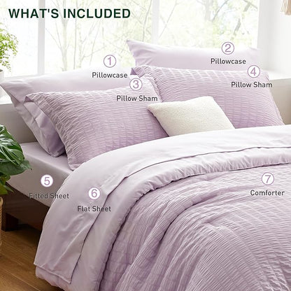 Love's cabin Seersucker Lavender King Size Comforter Set, 7-Piece All Season Lightweight Bed in a Bag Bedding Set with Comforter, Flat Sheet, Fitted Sheet, Pillowcases and Shams | Soft, Breathable, Lightweight
