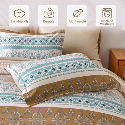 WONGS BEDDING Boho Comforter Set King, 7 Pieces Beige Striped Bed in a Bag Comforter and Sheet Set, Bohemian Floral Striped Comforte Bedding Set,Soft Microfiber Complete Set for All Seasons 104" x 90"