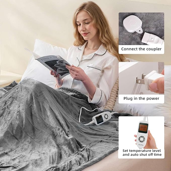RAINOVA Heated Blanket Electric Throw, Electric Blanket-84''x90'', Soft Heating Blanket, 10-Level Heating, 10-Hour Auto-Off, Gifts for Parents and Elders, Gray, ETL & FCC Certified