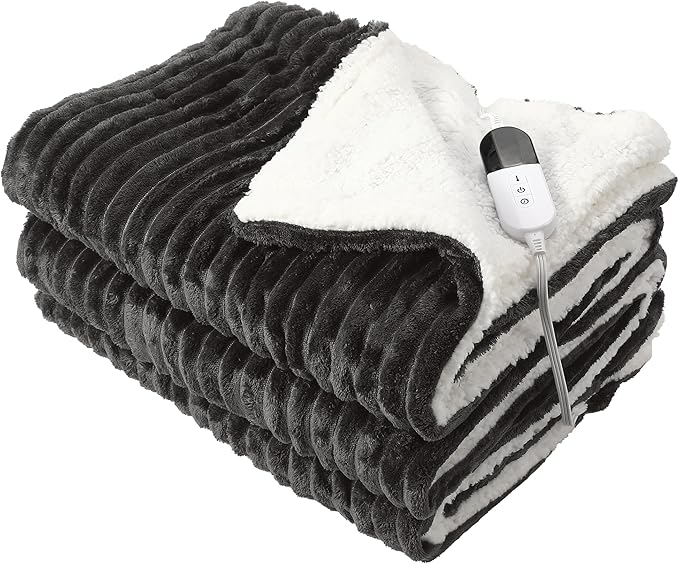 Electric Blanket Heated Twin Blanket, Super Soft Flannel & Sherpa Electric Twin Blanket with 6 Fast Heating Levels, 10 Hours Auto Off & OverHeat Protection, Machine Washable, 62'' X 84'', Dark Gray