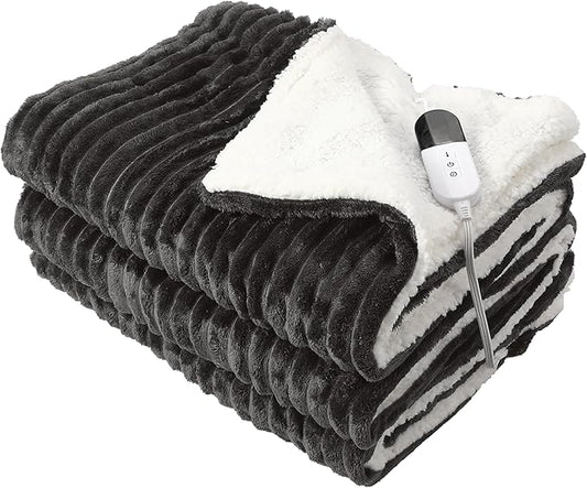 Electric Blanket Heated Twin Blanket, Super Soft Flannel & Sherpa Electric Twin Blanket with 6 Fast Heating Levels, 10 Hours Auto Off & OverHeat Protection, Machine Washable, 62'' X 84'', Dark Gray