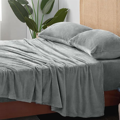 BEDELITE Flannel Sheets King Size Grey - Super Soft Fleece Sheets Set Fluffy Extra Plush, 4 Piece(Include Fitted Sheet, Flat Sheet, 2 Pillowcases)