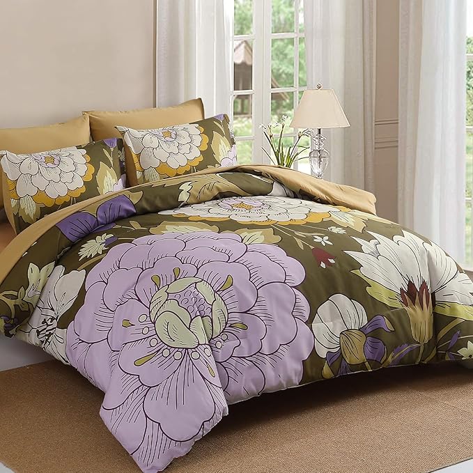 DJY 7 Pieces Brown Floral Comforter Set Queen Size Botanical Bed in a Bag, Soft Microfiber Boho Farmhouse Bedding Floral Comforter with Sheets Set for All Season (90''x90'')