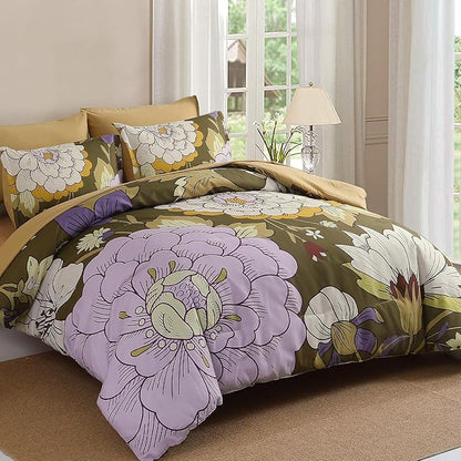 DJY 7 Pieces Brown Floral Comforter Set Queen Size Botanical Bed in a Bag, Soft Microfiber Boho Farmhouse Bedding Floral Comforter with Sheets Set for All Season (90''x90'')