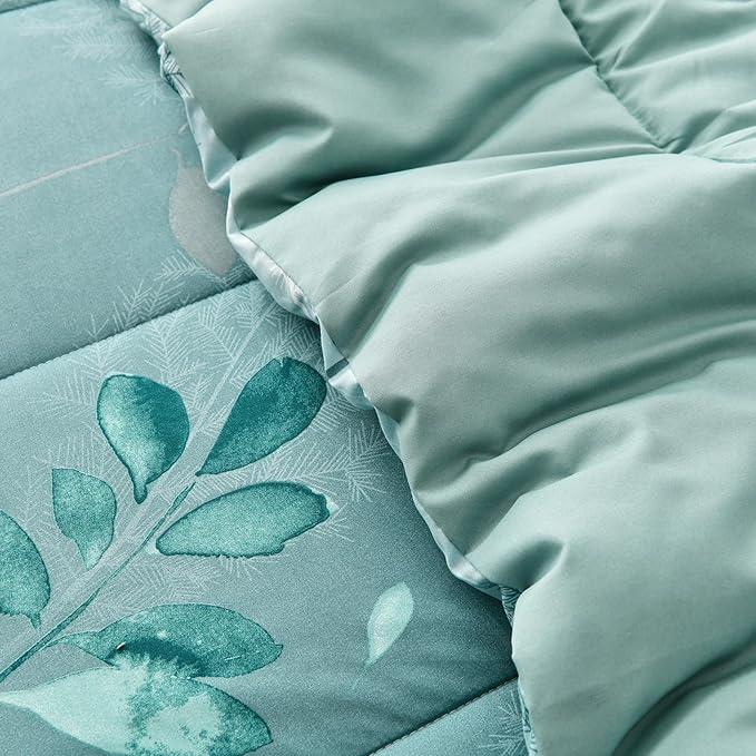 Anibedding Aqua Comforter Set Queen Size, 7 Pieces Botanical Leaves Reversible Soft Microfiber Bed in a Bag with Sheets Set All Season (90"x90")