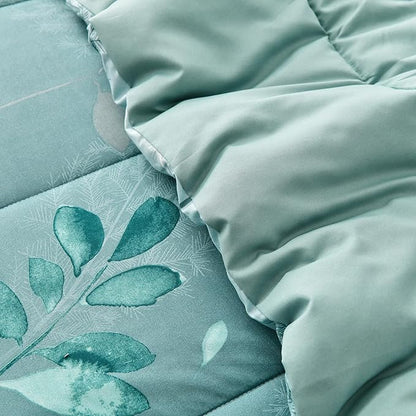 Anibedding Aqua Comforter Set Queen Size, 7 Pieces Botanical Leaves Reversible Soft Microfiber Bed in a Bag with Sheets Set All Season (90"x90")