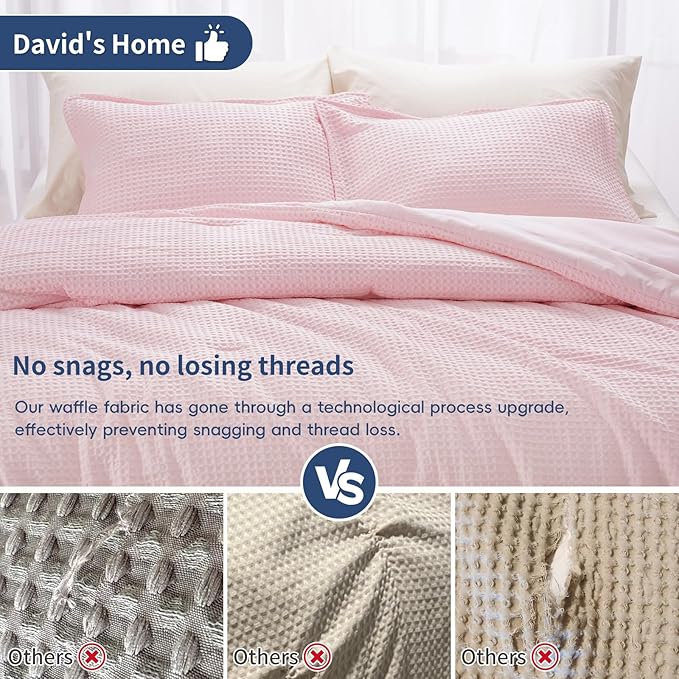 David's Home Waffle Weave Comforter Set 3PCS Queen Size, Soft Breathable Lightweight Cozy Skin-Friendly Warm for All Season, Elegant Aesthetic Home Decor Bedding Set with Pillow Shams, Pink