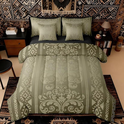 Comforter Set King Size, Olive Aztec Damask 7 Pcs Bedding for Kids and Adults, Western Bohemian Goth Floral Victorian Bed Sheet Sets with Fitted Sheet 2 Pillowcases & 2 Shams for Bedroom Bed Decor