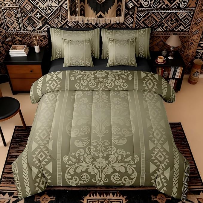 Comforter Set Twin Size, Olive Aztec Damask 7 Pcs Bedding for Kids and Adults, Western Bohemian Goth Floral Victorian Bed Sheet Sets with Fitted Sheet 2 Pillowcases & 2 Shams for Bedroom Bed Decor