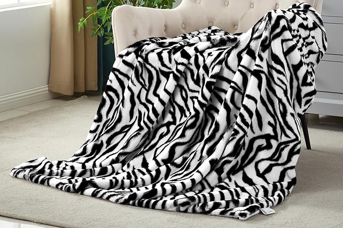 JONIYEAR Decorative Fuzzy Zebra Print Faux Rabbit Fur Throw Blanket 50" x 60",Double Sided Soft Thick Warm Shaagy Fluffy Blankets for Winter, Cute Cozy Plush Animal Blanket for Women, White and Black