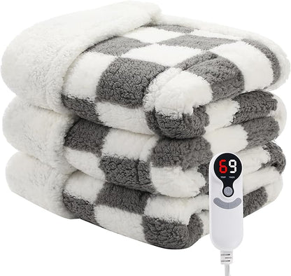 Electric Heated Blanket Full Size 72"×84" with 9 Heating Levels & 1-10Hs Auto Off, Checkered Plaid Double Sided Sherpa, Energy Efficient, Machine Washable, for Couch & Bed, Light Gray