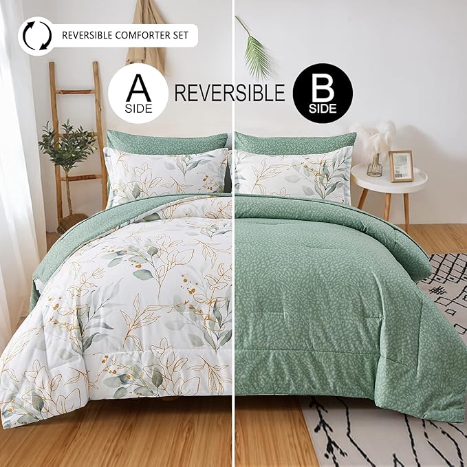 WONGS BEDDING Botanical Comforter Set Full, 7 Pieces Floral Reversible Bed in a Bag Green Leaves Bedding Set Soft Microfiber Full (1 Comforter,2 Pillowcase,2 Pillow Shams,1 Flat Sheet,1 Fitted Sheet)