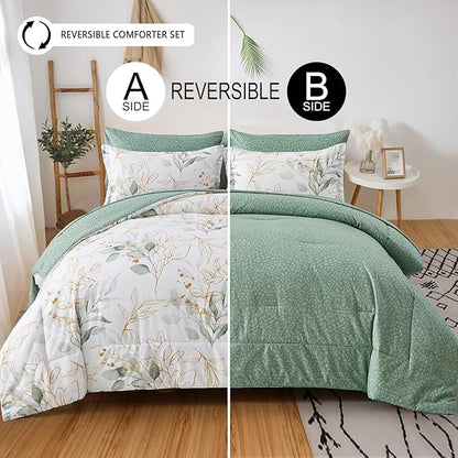 WONGS BEDDING Botanical Comforter Set Full, 7 Pieces Floral Reversible Bed in a Bag Green Leaves Bedding Set Soft Microfiber Full (1 Comforter,2 Pillowcase,2 Pillow Shams,1 Flat Sheet,1 Fitted Sheet)