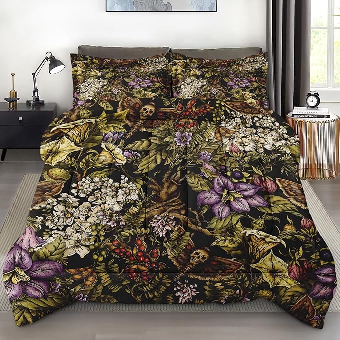 Comforter Set King Size, Moth Witch Retro Soft 3 Pcs Bedding for Kids and Adults, Vintage Flower Plants Comforter Set with 2 Pillowcases, for Bedroom Bed Decor