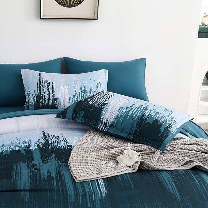 WONGS BEDDING Comforter Set King, Teal Blue 7 Pieces Bed in a Bag Colorful Abstract Art Gradient Comforter Soft Microfiber Bedding Set with Comforter,Flat Sheet,Fitted Sheet,Pillow Shams,Pillowcases