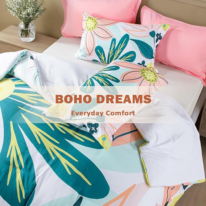 Boho Floral King Comforter Set - 3 Piece Farmhouse Botanical Bedding Comforter Sets for All Season Soft Lightweight Mid Century Bed Set, (1 Reversible Comforter and 2 Pillow Shams