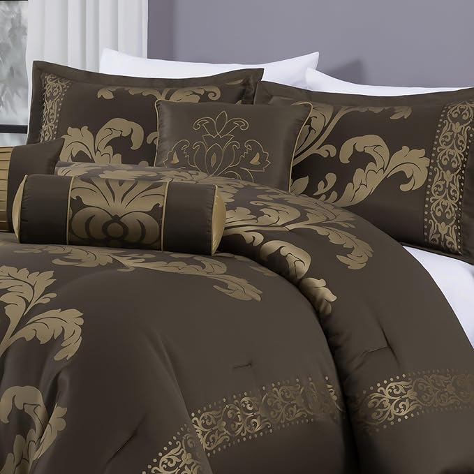 Chezmoi Collection 7-Piece Jacquard Floral Comforter Set (California King, Coffee/Gold)
