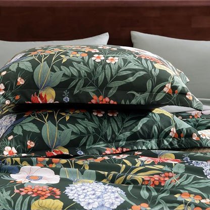 WRENSONGE Queen Comforter Set-7 Pieces Green Botanical Floral Bedding, Flowers Printed Design Queen Bed in a Bag with Botanical Flowers Comforter, Sheets, Pillowcases & Shams