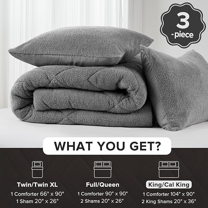 Comfort Spaces King Comforter Set Reversible Feather-Soft Plush Comforters for King Size Bed All Season Lightweight Shearling Fleece Sherpa Comforter King Size Bed Set, King/Cal King, Grey 3 Piece