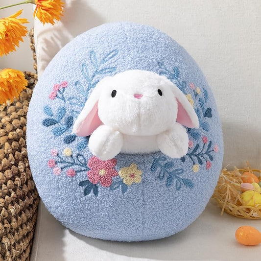 Phantoscope Happy Easter Egg Shaped Throw Pillow with Bunny, Teddy Fleece Soft Egg Pillow with Floral Embroidered Decorative Pillows for Couch Sofa Bed Chair, Favors Gifts, Blue, 14.5 x 12.5 Inches