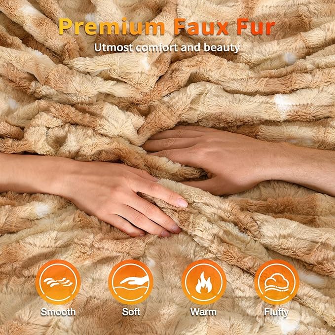 WOOMER Heated Blanket Queen Size 84" x 90", Electric Blanket with 0.5-12 Hours Timer & 10 Heating Levels, ETL Certified, Marble Blue Double-Sided Faux Fur, Machine Washable