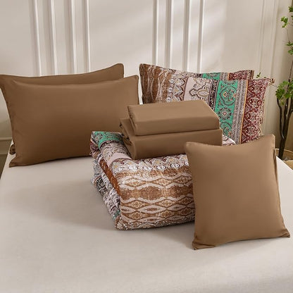 Cottolester Boho Comforter Set Full Size 8 Pieces, Brown Bohemian Striped Bed in a Bag, Paisley Soft Microfiber Bedding Comforter Set