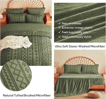 MR&HM Boho Comforter Set King, Olive Green 7 Pieces Bedding Set, Farmhouse Shabby Chic Bed in a Bag with 1 Comforter, 2 Pillow Shams, 2 Pillowcases, 1 Flat Sheet, 1 Fitted Sheet for All Seasons