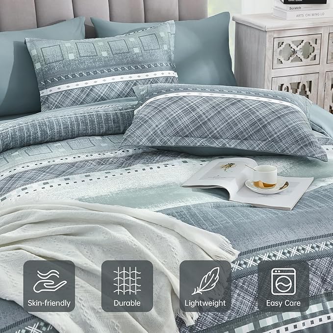 WONGS BEDDING 8 Piece Queen Size Comforter Set, Blue Striped Bed in a Bag Comforter and Sheet Set, Boho Lightweight Microfiber Bedding Set for All Season (90"×90")