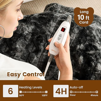 Bearhug Heated Throw Blanket 50" x 60" Electric Throw Warming Blanket Reversible Faux Fur & Sherpa, 6 Heating Levels & 4H Auto Off, Over-Heat Protect, ETL, Washable Heated Blanket Marble Black