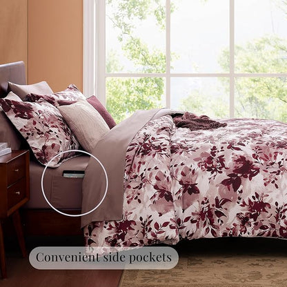 CASAAGUSTO King Comforter Set, 7 PCS Purple Willow Leaf Floral Comforter Set with Flowers Leaves Pattern, Soft Seersucker Design All Season King Size Bedding Set(102"X90")