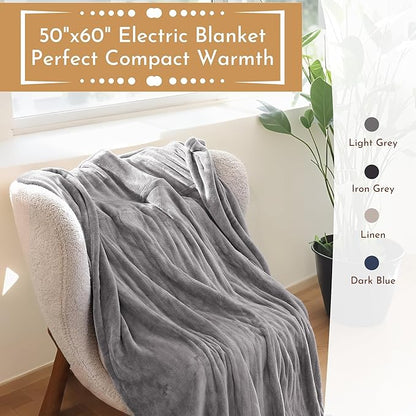 Electric Heated Blanket 50"x60" Throw Size Flannel Heated Blanket, Cozy & Warm for All Night, 5 Heat Settings & 3 Hours Auto Off, Machine Washable, Light Grey
