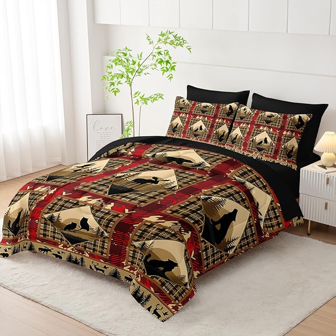 7 Piece Red Bed in A Bag Boho Comforter Set Queen Size，Queen Bedding Sets 7 Pieces Deer/Elk/Bear，(1 Comforter, 1 Flat Sheet, 1 Fitted Sheet, 2 Pillowcase and 2 Pillow Sham)