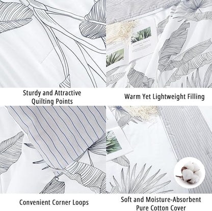 Botanical Cotton Comforter Queen Size - White Comforter with Delicate Black Leaves Patterns,Grey Reversible Lightweight Bedding Sets 3Pcs(Stripes)