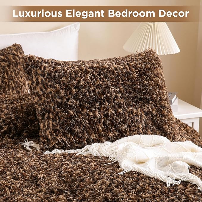 Leopard Print Fluffy Faux Fur Comforter Set Full Size, 3 Pieces Brown Cheetah Plush Shaggy Fuzzy Bedding Set, Ultra Soft Luxury Furry Boho Animal Print Winter Warm Comforter for Women Gilrs