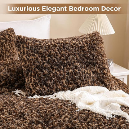 Leopard Print Fluffy Faux Fur Comforter Set Twin Size, 2 Pieces Brown Cheetah Plush Shaggy Fuzzy Bedding Set, Ultra Soft Luxury Furry Boho Animal Print Winter Warm Comforter for Women Gilrs